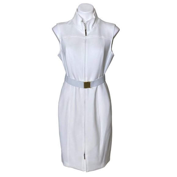 Tommy Hilfiger Ivory Scuba Sheath Dress, NWT $119 Front Zip Belt Women's Size 12 - Picture 2 of 12